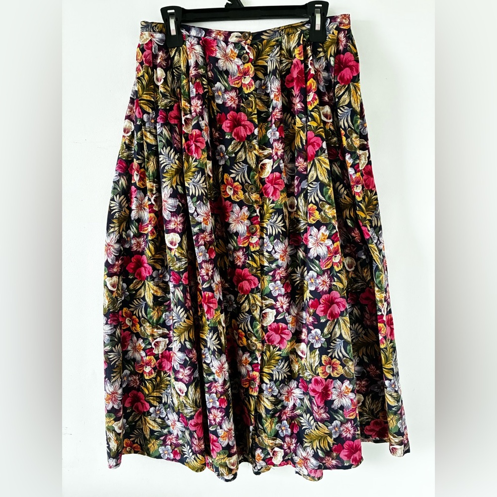 LIZ CLAIRBORNE SPORT Vtg 80/90s Floral Midi Buttoned Up Cotton Skirt - Size 6